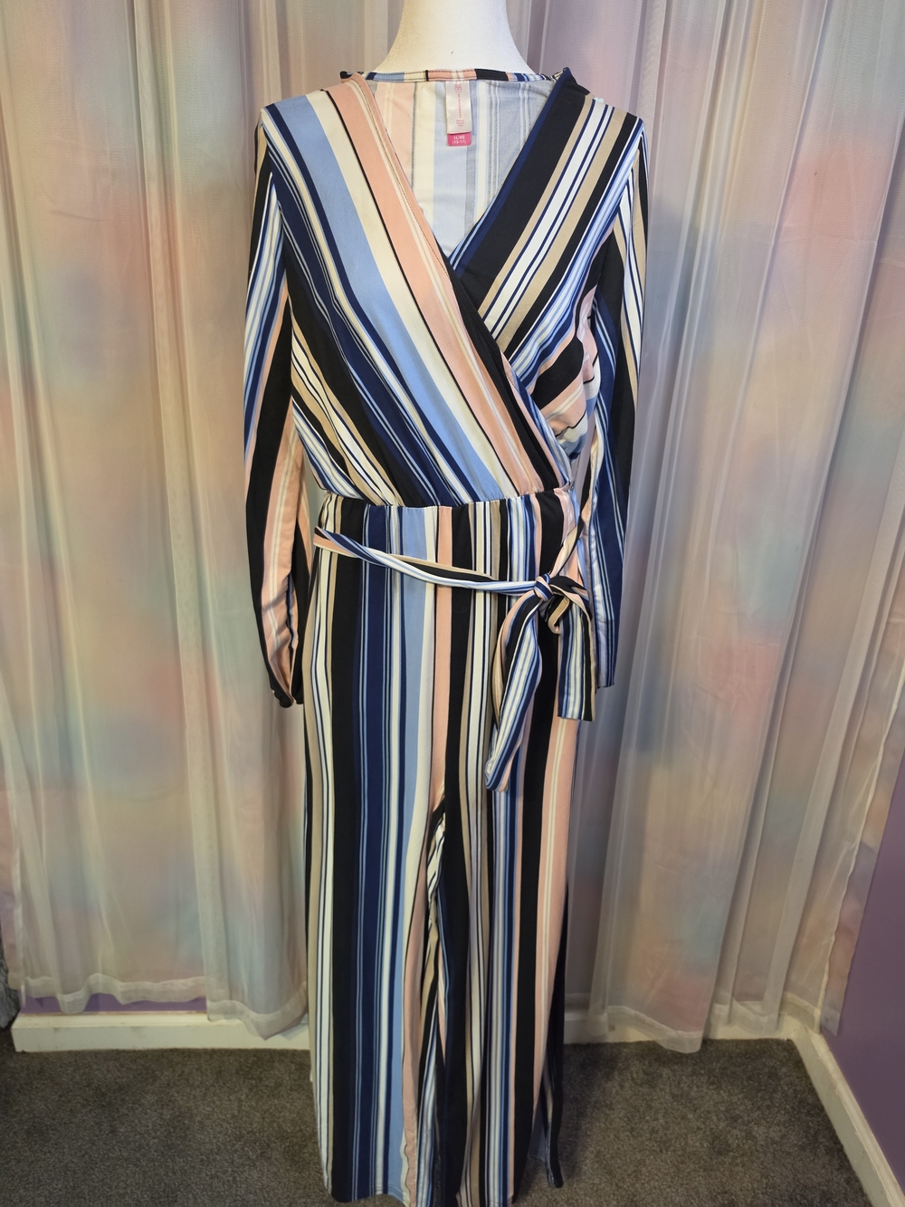 No Boundaries Striped Wrap Deep V Neckline Jumpsuit Navy Blue Pink Cream Size XL